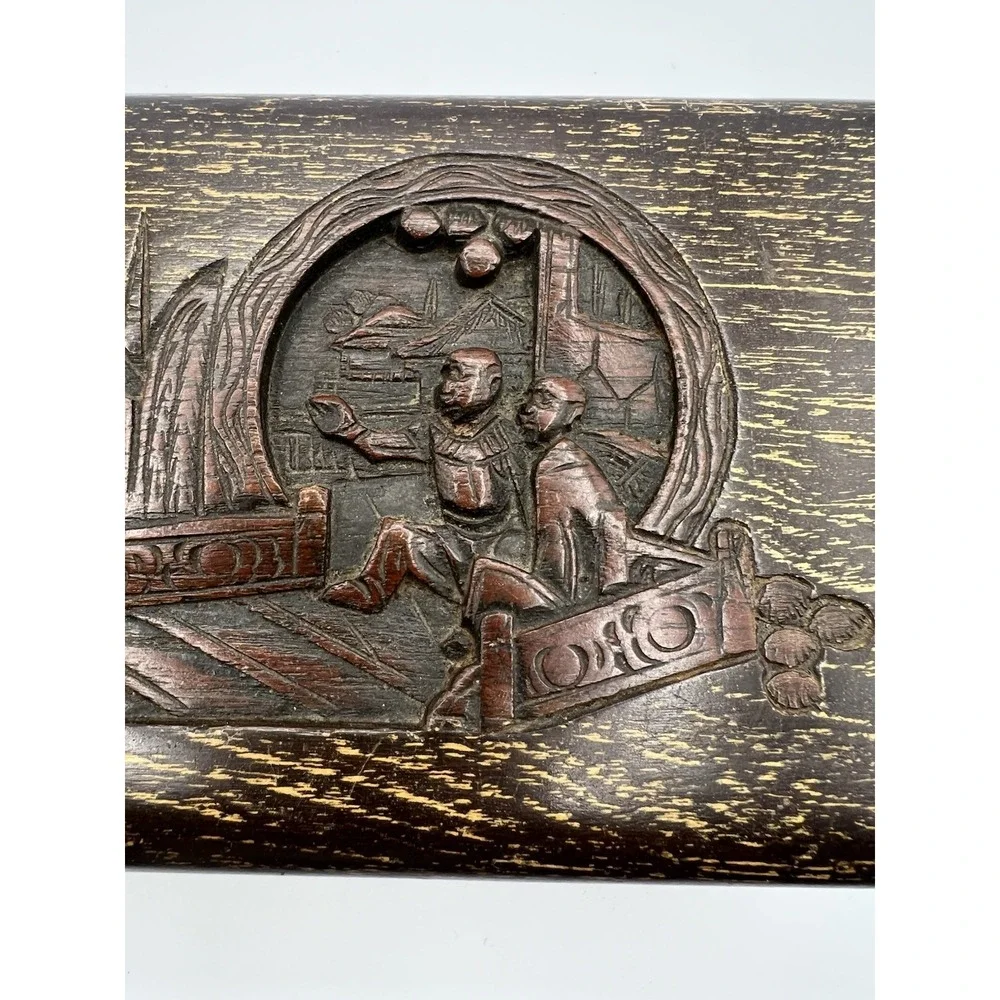 Antique George Zee Chest Jewelry‎ Box Hand Carved Wood Chinese Scene